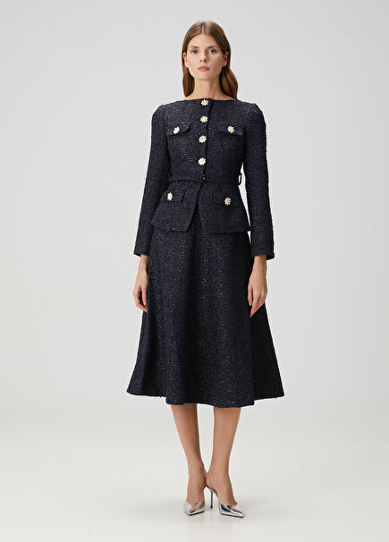 Navy Midi Tweed Cocktail Dress