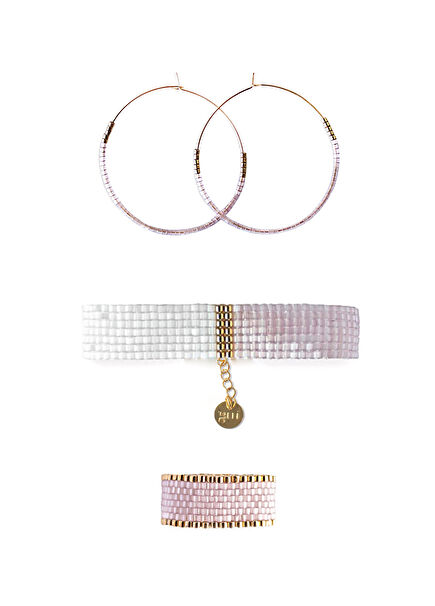 Uno Lilac 925 Sterling Silver Over 18K Gold Plated Women's Hoop Earrings & Rings & Bracelet Set