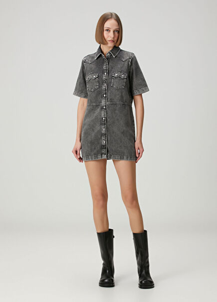 Antrasit Mini Denim Elbise