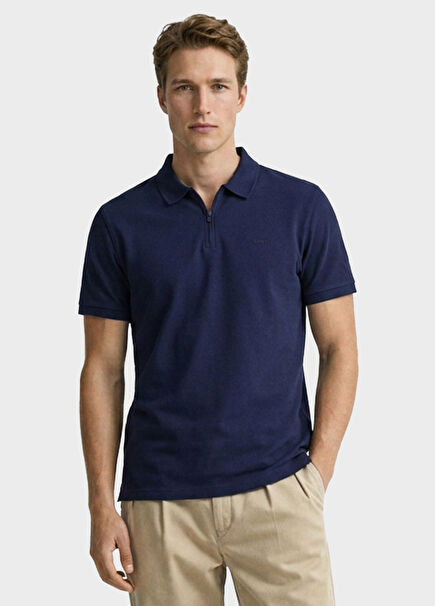 Printed Navy Blue Polo Collar Half Zipper Regular Fit Short Sleeve Men's T-Shirt