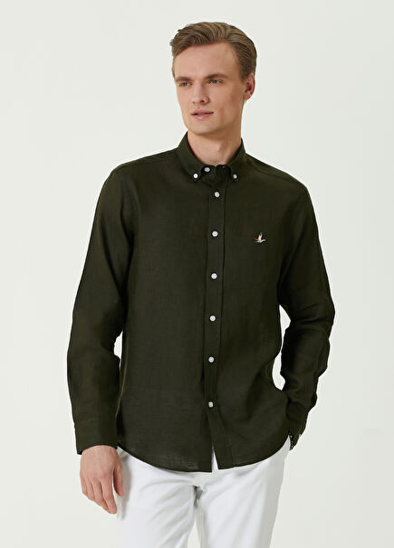 Comfort Fit Haki Keten Gömlek