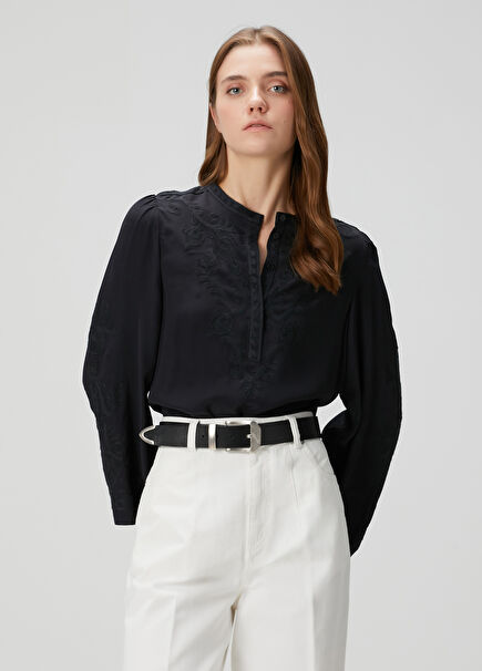 Falonne Siyah Nakışlı Bluz