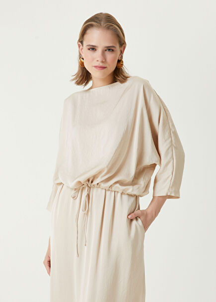 Bej Beli Bağcıklı Crop Bluz