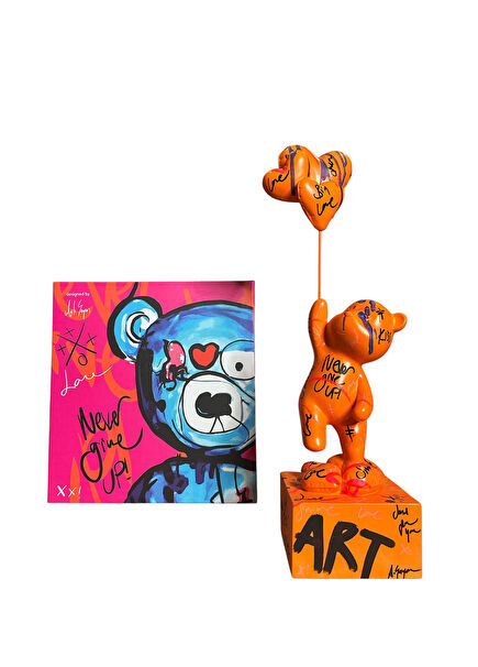 Ayakta Duran Balonlu Ayıcık Pop Art Turuncu Dekoratif Heykel