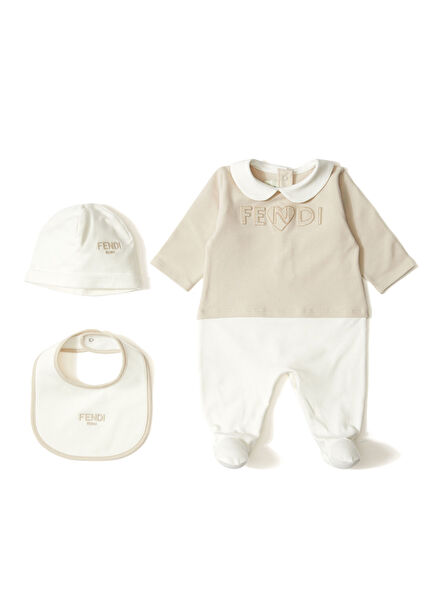 3-Piece Unisex Baby Romper Set With Beige Logo Det