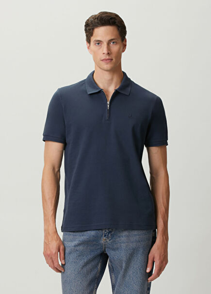 Navy Blue Zippered Polo Shirt