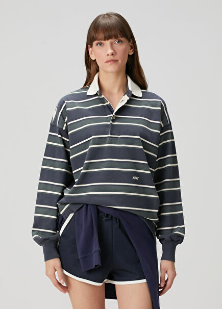 Navy Blue Green Striped Polo Sweatshirt