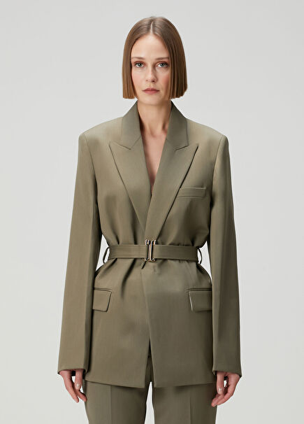 Haki Beli Kemerli Yün Blazer