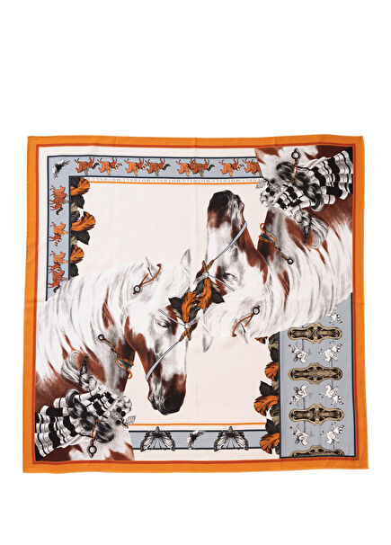 Free Spirit Vahşi Atlar & Kelebekler Krem İpek Twill Unisex Fular 53 cm