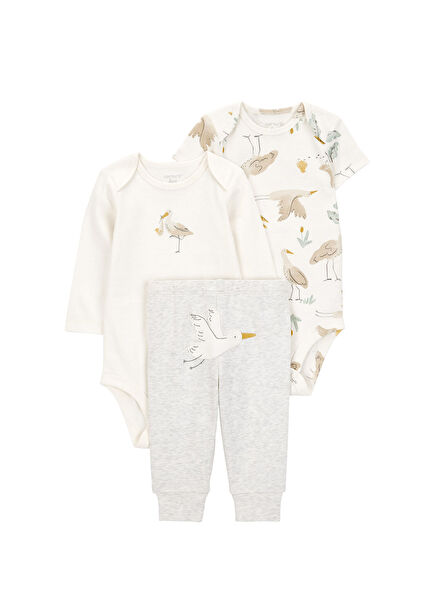 Ecru Short Sleeve + Long Sleeve Body Pants Unisex Baby Set of 3