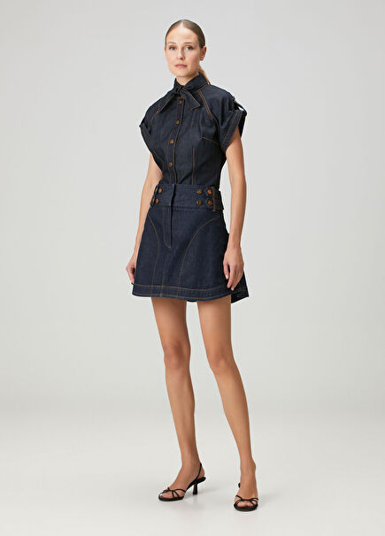 Koyu Mavi Mini Denim Etek