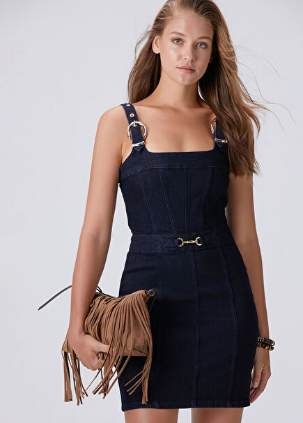 Dark İndigo Blue Buckle Detail Mini Denim Dress