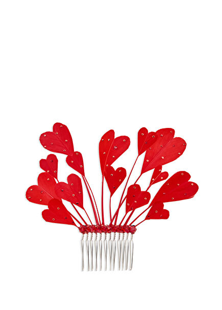 Heart Lia Kırmızı Kristal Taş ve Tüylü Kadın Saç Aksesuarı