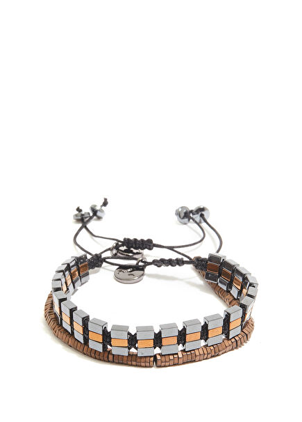 Brown Stone Detailed Double Men's Bracelet