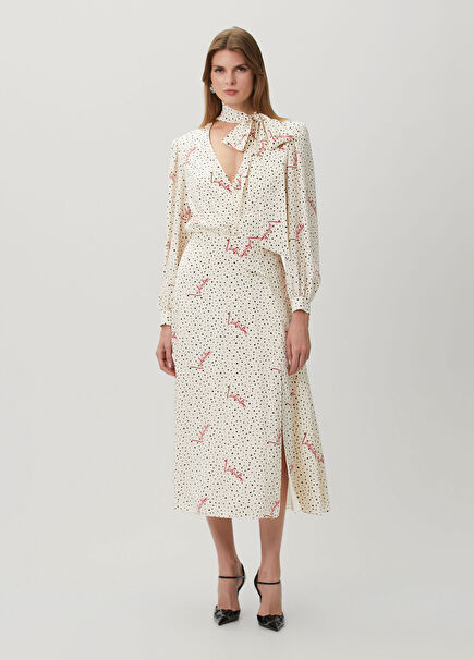 Cream Polka Dot Midi Silk Dress