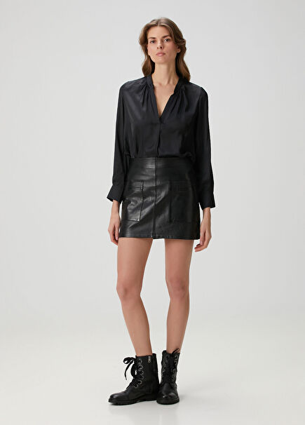 Jaime Siyah Mini Deri Etek