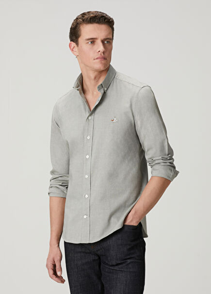 Slim Fit Açık Haki Oxford Gömlek