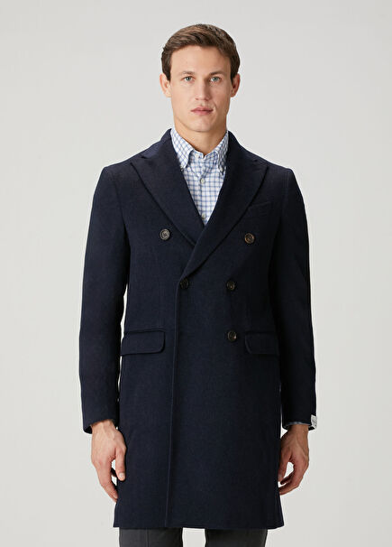 Lacivert Yün Kruvaze Palto