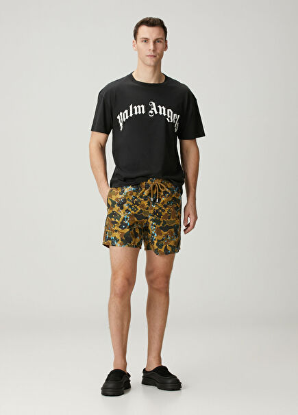 Kahverengi Yeşil Beli Kordonlu Desenli Mayo