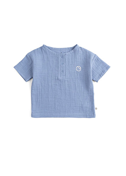 Blue Cotton Muslin Button Short Sleeve Baby Boy T-shirt