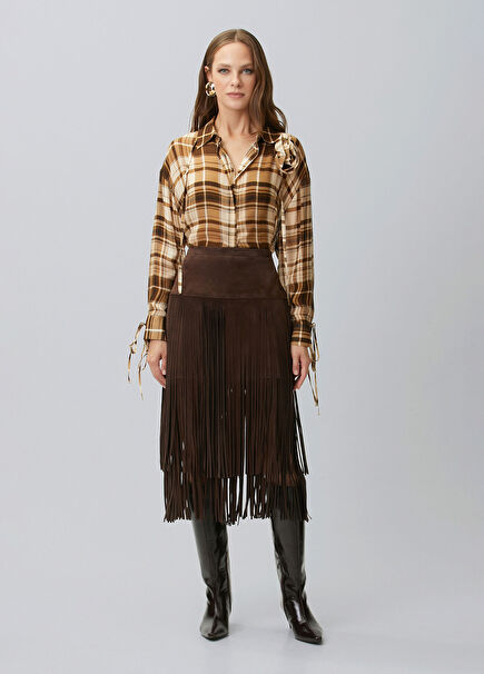 Limited Brown Tasseled Midi Suede Leather Skirt