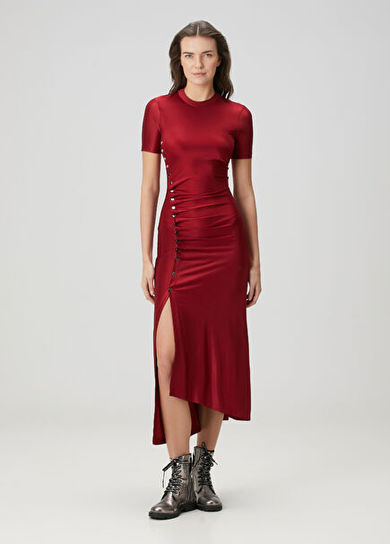 Red Draped Asymmetrical Midi Dress