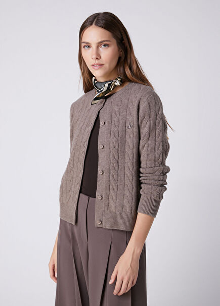 Brown Cable Knit Wool Cardigan
