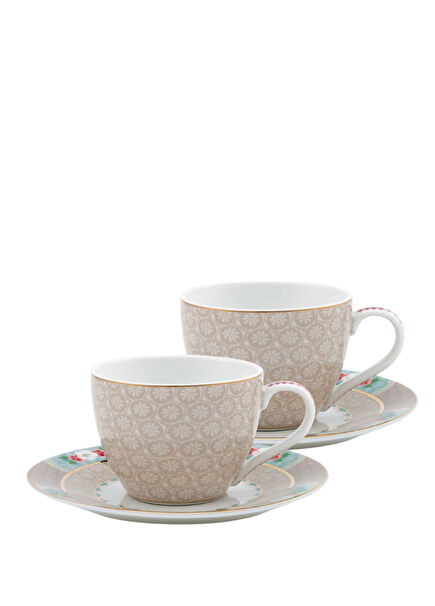 Blushing Birds Khaki Patterned Porcelain Set of 2 Coffee Cups and Saucers
