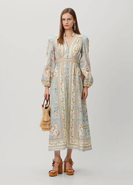 Roselight Blue Floral Maxi Linen Dress