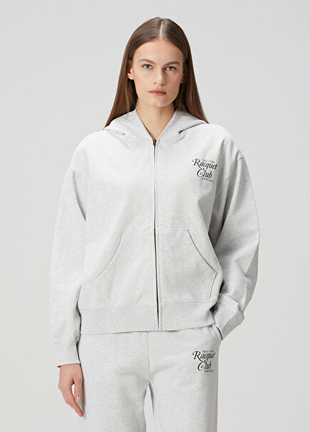 Gri Logo Baskılı Kapüşonlu Sweatshirt