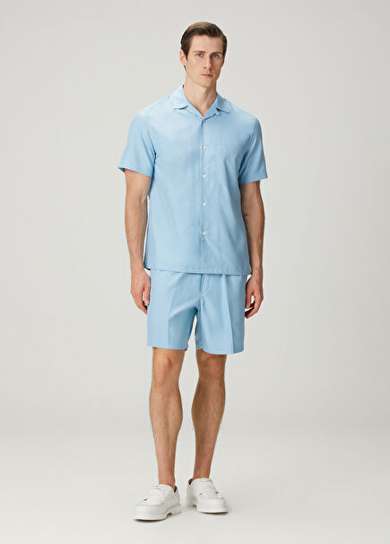 Mavi Beli Kordonlu İpek Bermuda