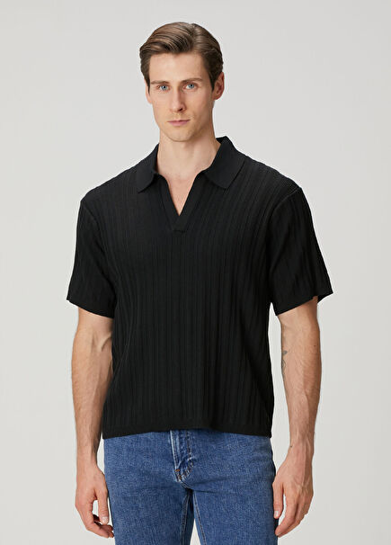 Siyah Polo Yaka Kısa Kollu İpek Triko