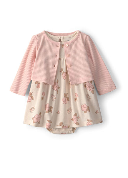 Pembe Çiçekli Kısa Kollu Elbise ve Hırka Kız Bebek 2'li Set