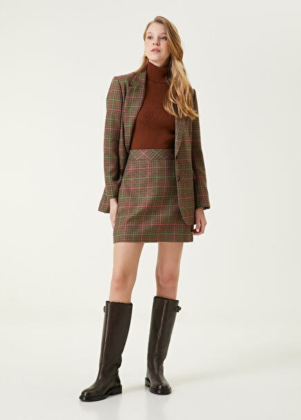 Kahve Neon Pembe Ekoseli Mini Etek