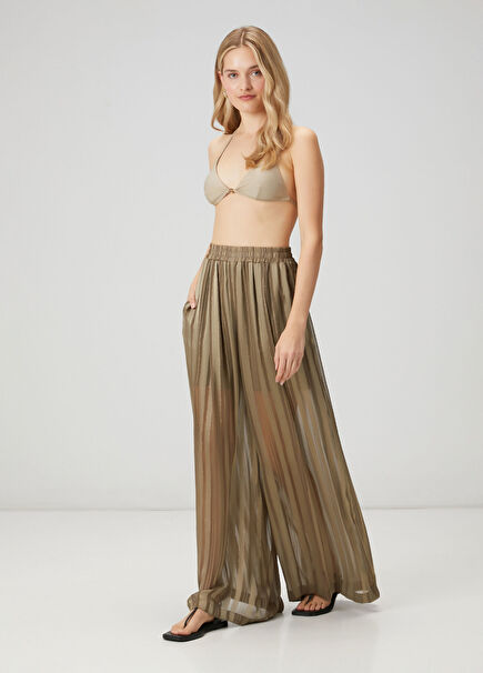 Khaki Striped Sheer Palazzo Trousers