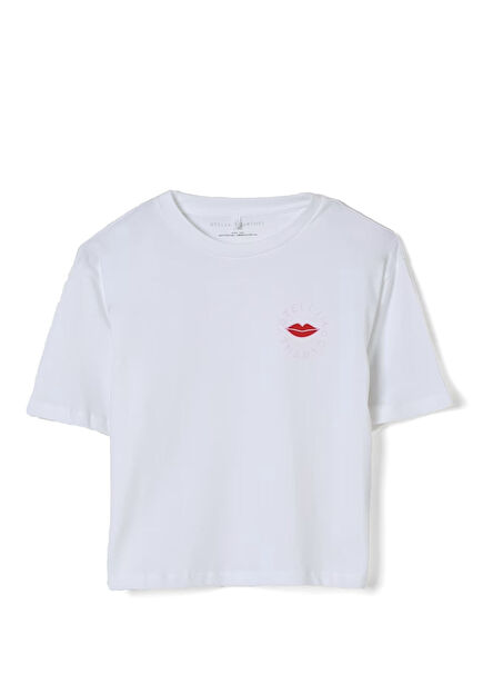 Bej Logo Detaylı Kız Çocuk T-shirt