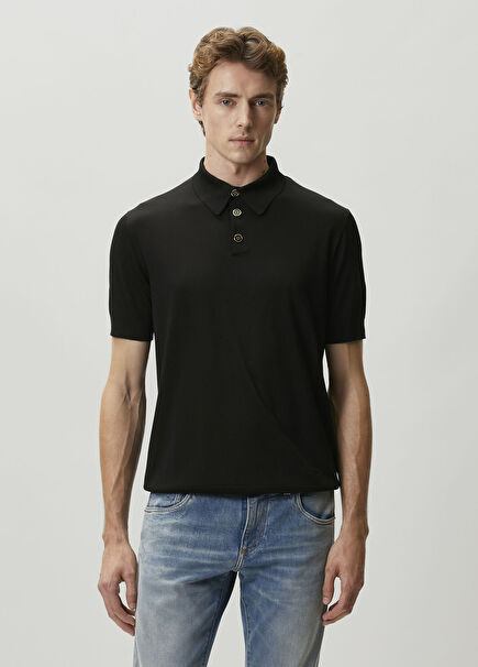 Black Polo Short Sleeve Silk Sweater