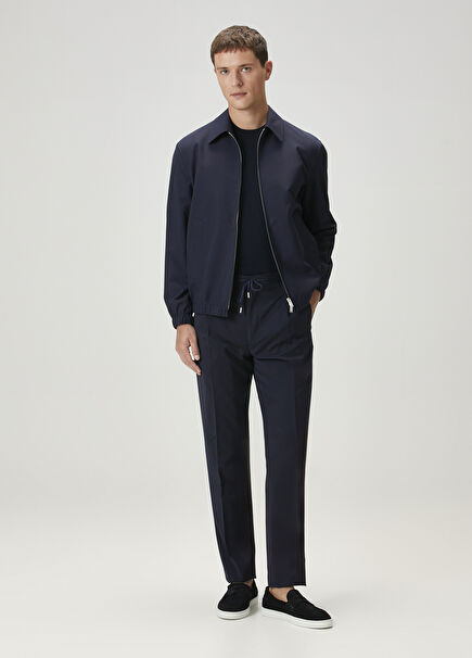 Navy Blue Waist Corded Linen Trousers