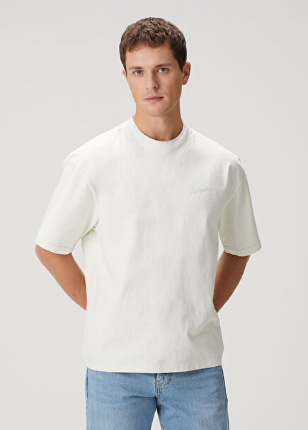 White Embroidery Detailed Organic Cotton T-Shirt