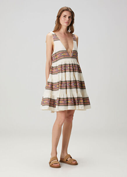 Krem Pembe Desenli Mini Plaj Elbisesi