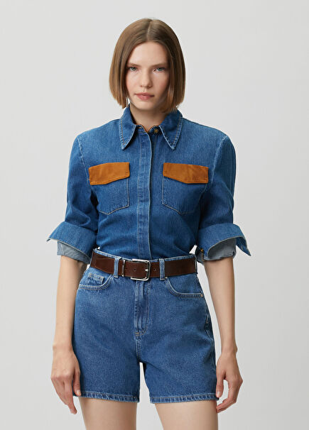 Mavi Cepleri Garni Detaylı Denim Gömlek