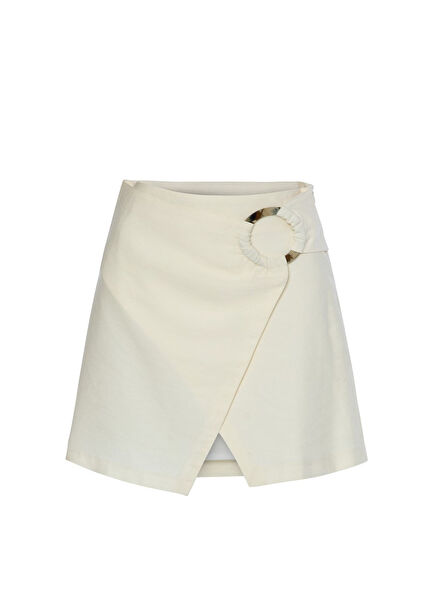 Yüksek Bel Keten Yırtmaçlı Mini Etek