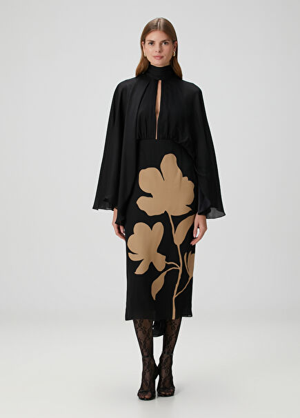 Siyah Çiçekli Midi İpek Elbise