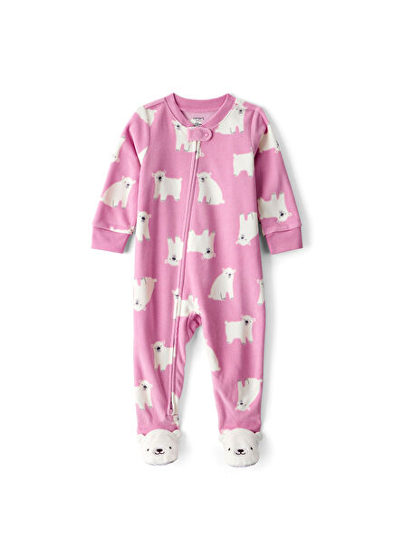 Pink Polar Bear Figure Baby Girl Fleece Jumpsuit