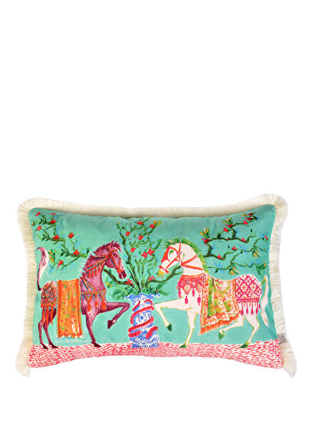 At Desenli Su Yeşili Kadife Dekoratif Kırlent Kılıfı 40 x 60 cm