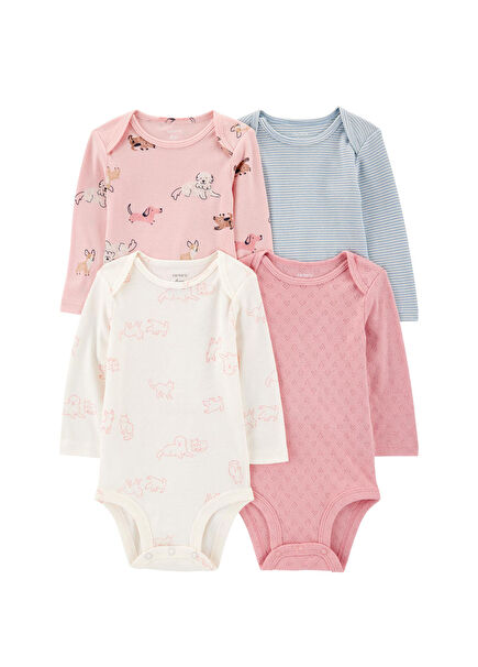 Renkli Uzun Kollu 4'lü Kız Bebek Body Set 