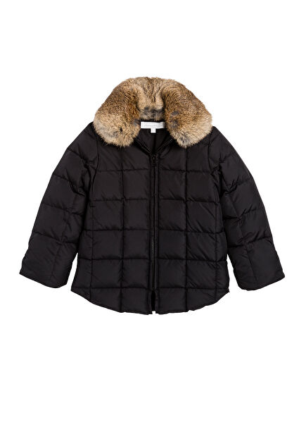 Siyah Kapitone Suni Kürk Yaka Kız Çocuk Şişme Mont