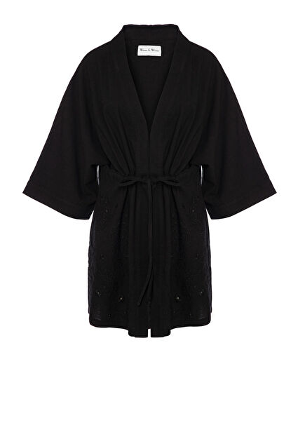 Alexandria Linen Blend Embroidered Black Women's Short Kimono