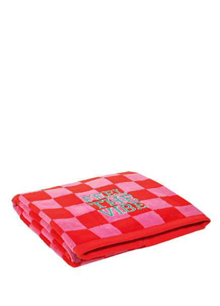 Tabea Embroidered Pink Red Checkered Velvet Cotton Face Towel 50 x 90 cm