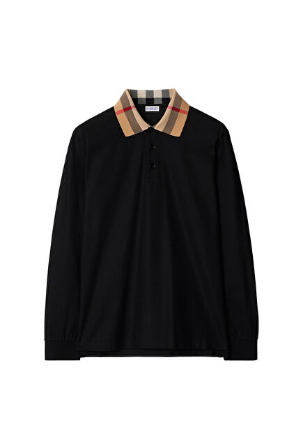 Siyah Pamuklu Polo Yaka Uzun Kollu Erkek T-shirt